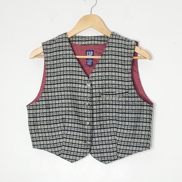 GAP Vintage Boy Kids Black Ivory Pockets Sleeveless V-Neck Button Front Vest Med - Picture 1 of 9